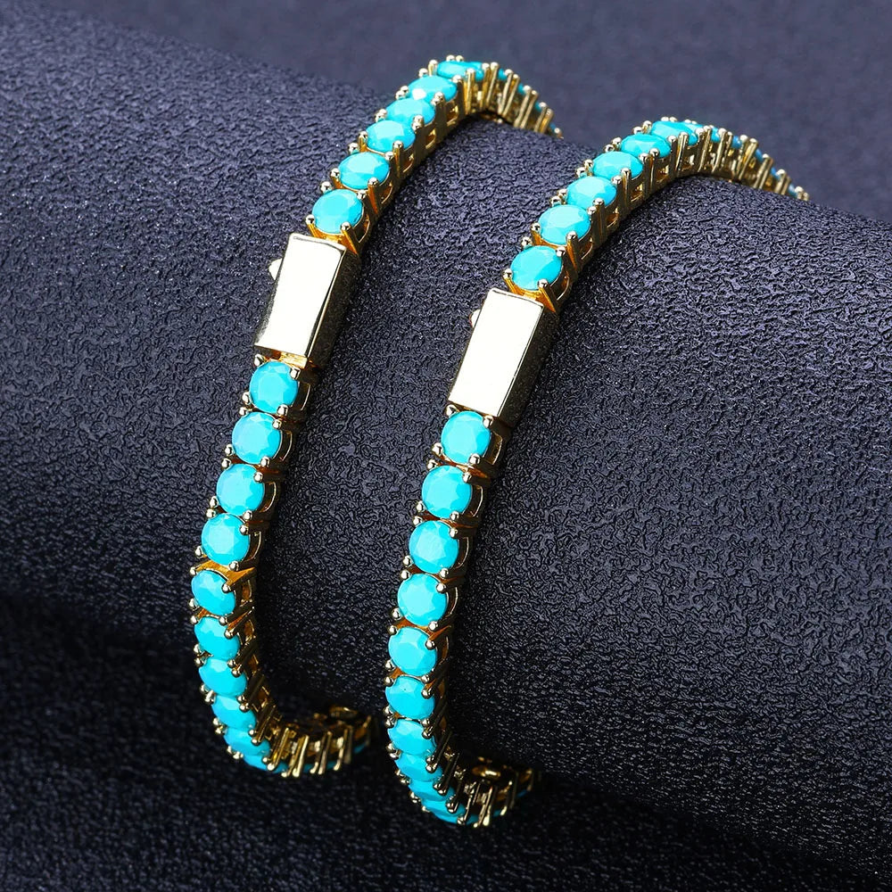 New 4MM Tennis Bracelet with Gold Plated Brass and High Grade Turquoise, Suitable for Both Men and Women as a Holiday Gift