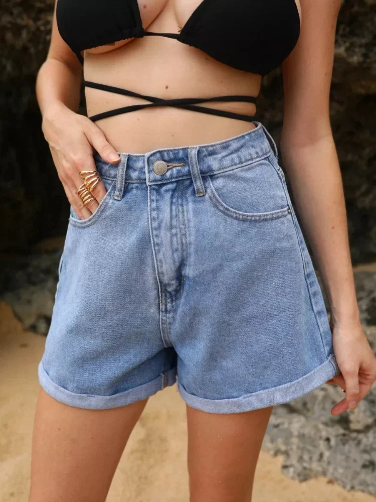 Wide-Leg Denim Shorts for Women Summer Solid Black Blue Jean Shorts Button Pocket High-Waisted Fashion Women's Short Jeans