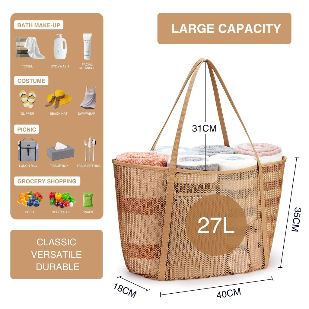 Beach Mesh Tote Bag Womens Shoulder Handbag 27L Grocery Bag Storage Bag for Cruise/Swim/Vacation Essentials