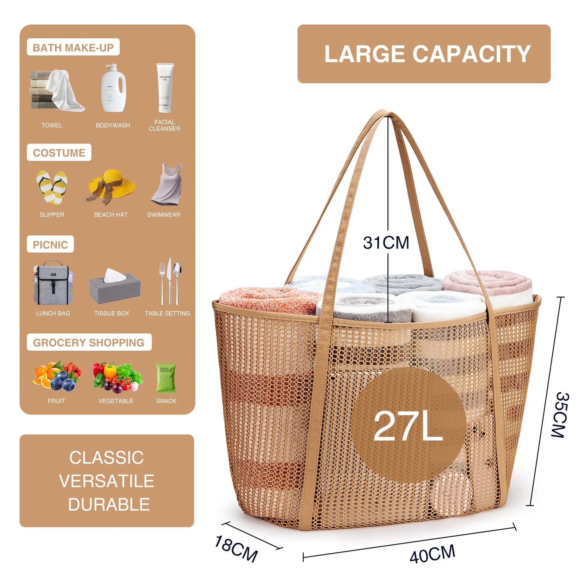 Beach Mesh Tote Bag Womens Shoulder Handbag 27L Grocery Bag Storage Bag for Cruise/Swim/Vacation Essentials 해변 그물코 핸드백