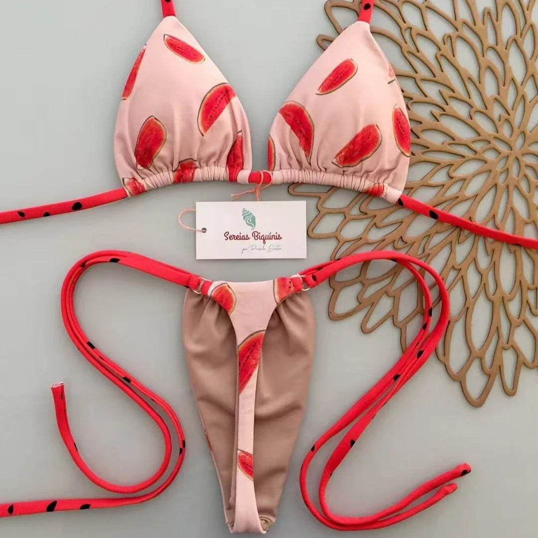 2026 New Sexy Lace-up Print Brazilian Bikini Women Swimsuit Micro Swimwear Backless Biquini Swimsuits Beachwear Thong Купальник