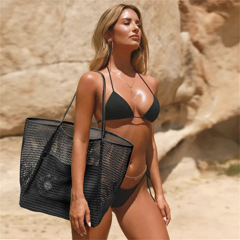 new model Women's Large Capacity Beach Tote Bag - Durable Polyester Woven Shoulder Bag with Open Top for Travel, Shopping