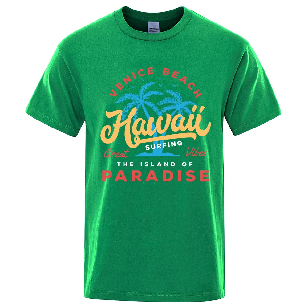 Hawaii Surfing Venice Beach The Island Of Paradise Print Men T-Shirt Fashion Clothes Cotton Summer Tops Mens Oversize Tee Shirts