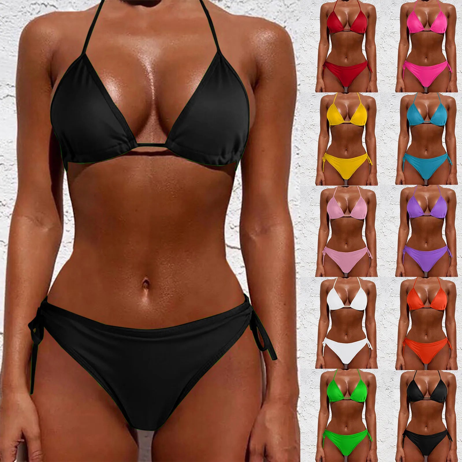 Sexy Women Bikini Brazilian Swimsuit Push-Up Bra Bikini Set Two Piece Swimwear Solid Color Lace Up Bathing Suit (No Padding)