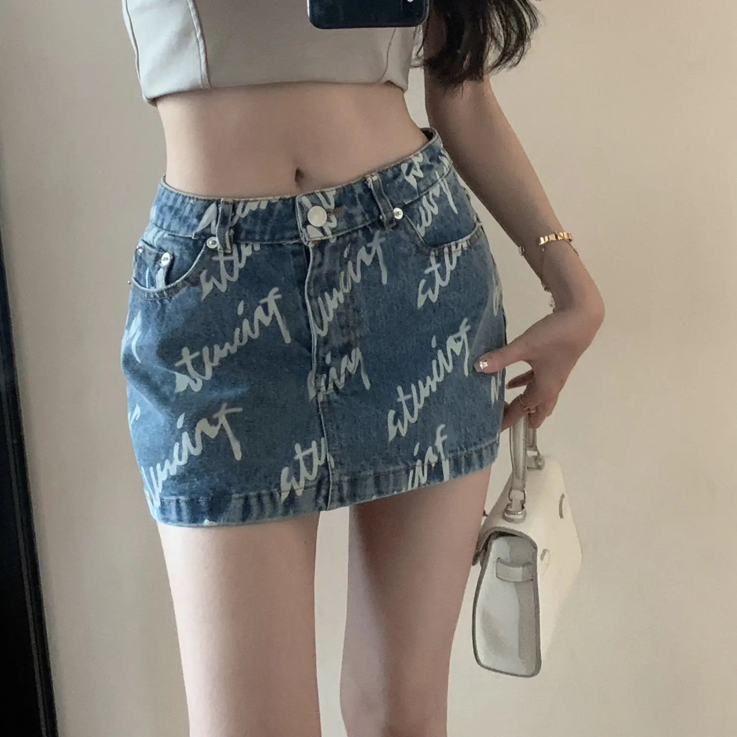 Jeans Skirts For Women Letter Short Woman Denim Skirt Sexy Gyaru High Waist Korean Fashion Y2k Vintage Chic And Elegant Stylish