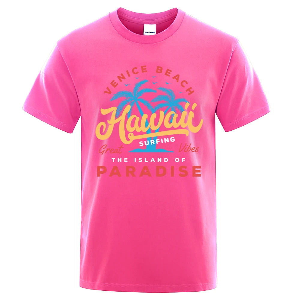 Hawaii Surfing Venice Beach The Island Of Paradise Print Men T-Shirt Fashion Clothes Cotton Summer Tops Mens Oversize Tee Shirts
