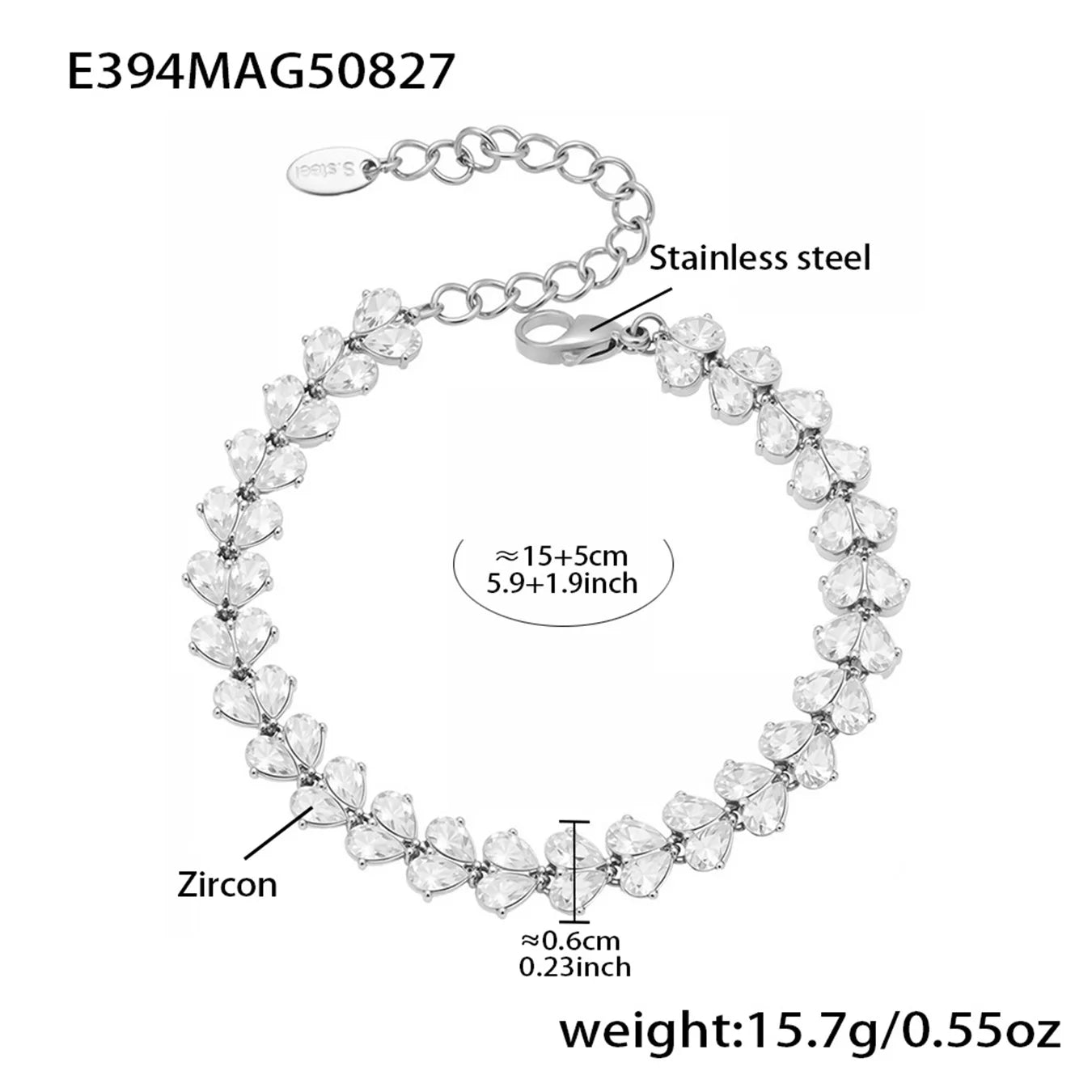 Tennis Bracelet For Women Stainless Steel Chain Bracelets 18k Gold Plated Romantic Heart Cubic Zirconia Zircon Gemstone Bracelet