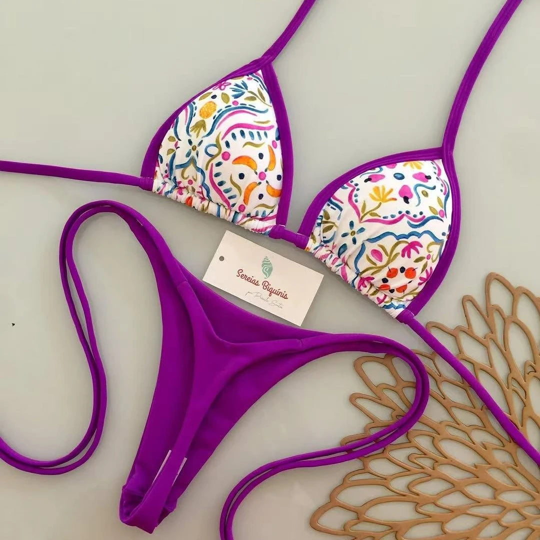 2026 New Sexy Lace-up Print Brazilian Bikini Women Swimsuit Micro Swimwear Backless Biquini Swimsuits Beachwear Thong Купальник