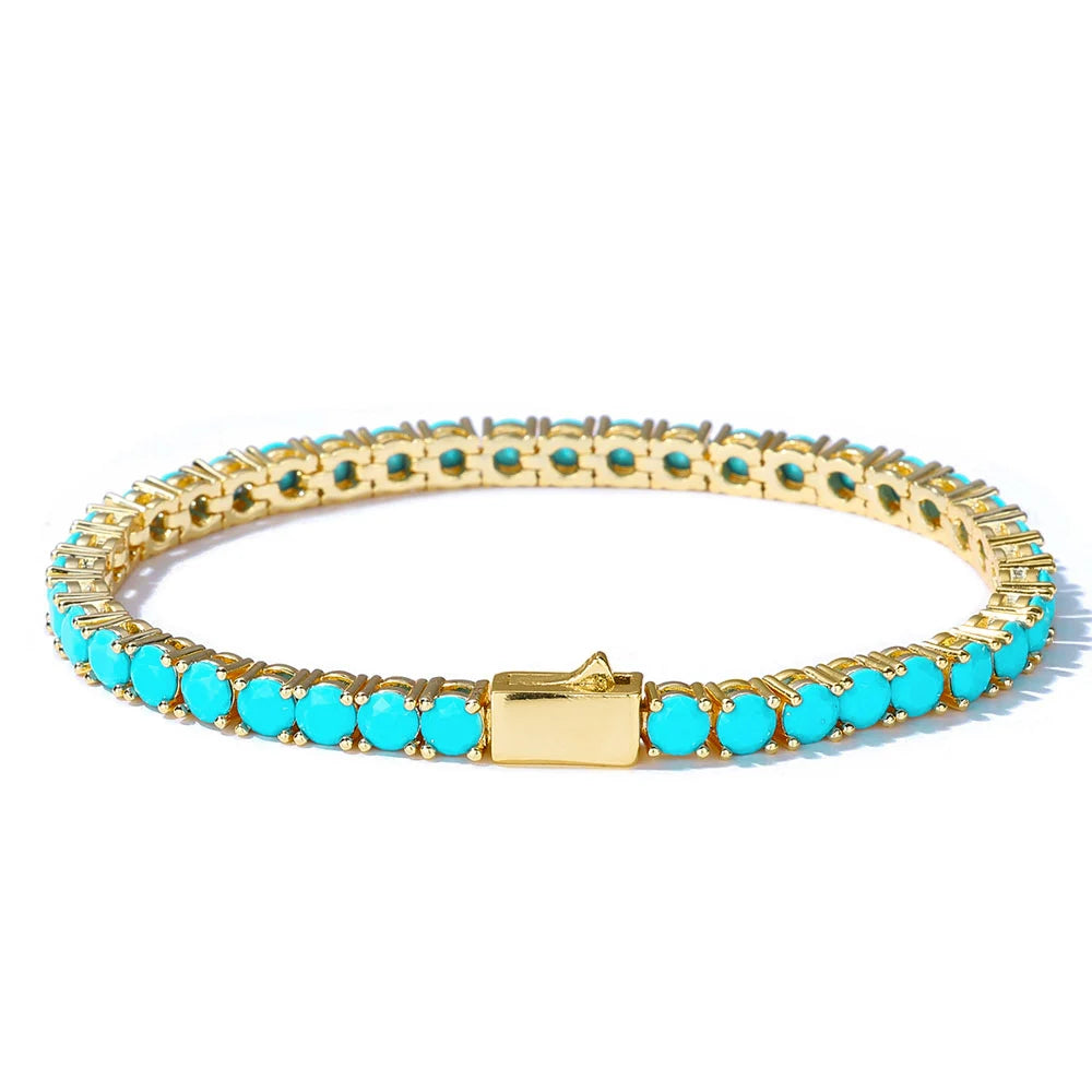 New 4MM Tennis Bracelet with Gold Plated Brass and High Grade Turquoise, Suitable for Both Men and Women as a Holiday Gift