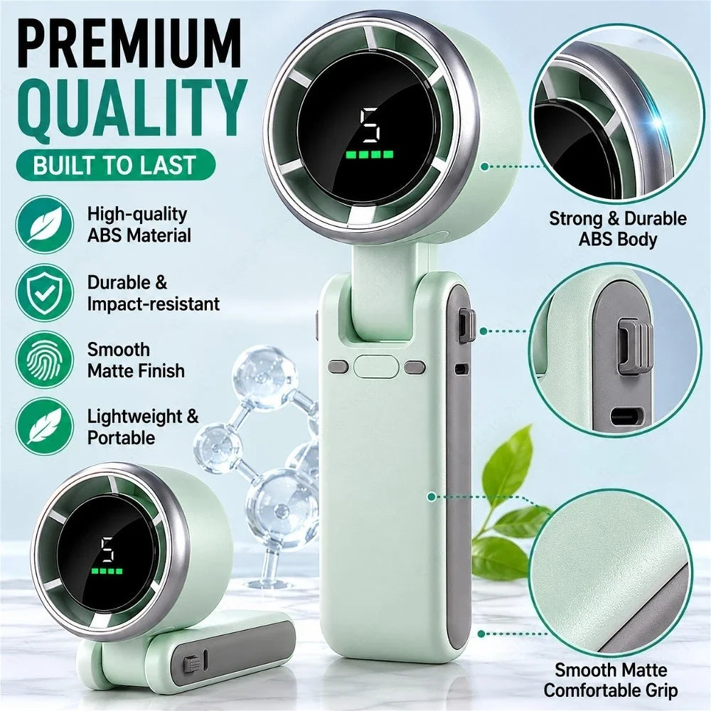 Mini Ventilador de Mano de Cinco Velocidades Ajustables Multifuncional, Recargable por USB Portátil para Viajes Hogar y Oficinas