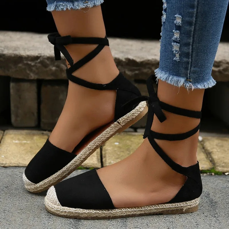 Designer Sandals for Women in Summer Fashion Round Toe Casual Flat Shoes Ankle Lace-up Rattan Woven Grass Roman Sandals