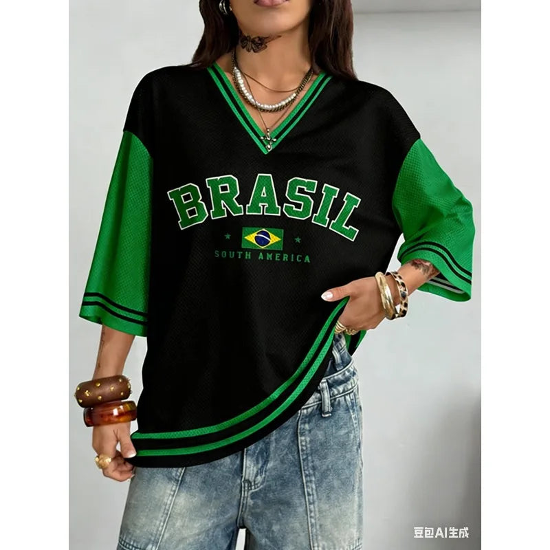 Summer for Women Brazil Letter Aesthetic V-neck Casual Short Sleeve Tee Kpop Streetwear Vintage Y2k Retro Baseball Chic Clothes