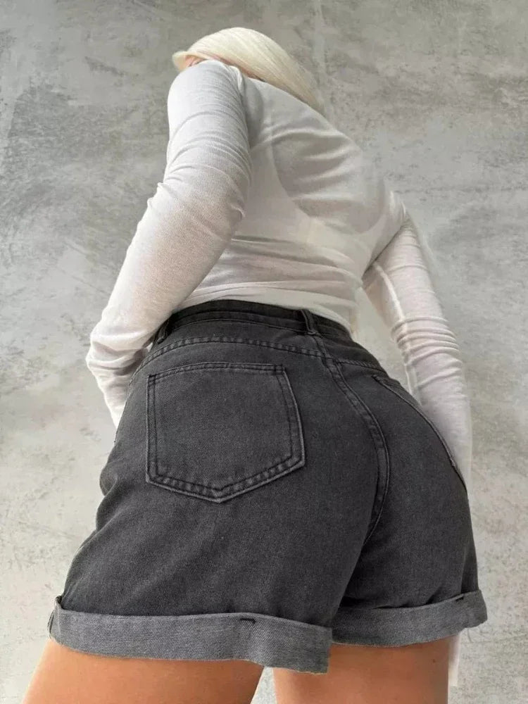 Wide-Leg Denim Shorts for Women Summer Solid Black Blue Jean Shorts Button Pocket High-Waisted Fashion Women's Short Jeans