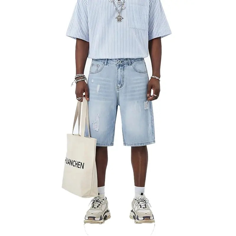 Men's and women's blue ripped jeans trendy American loose straight leg non stretch casual shorts suitable for summer street wear