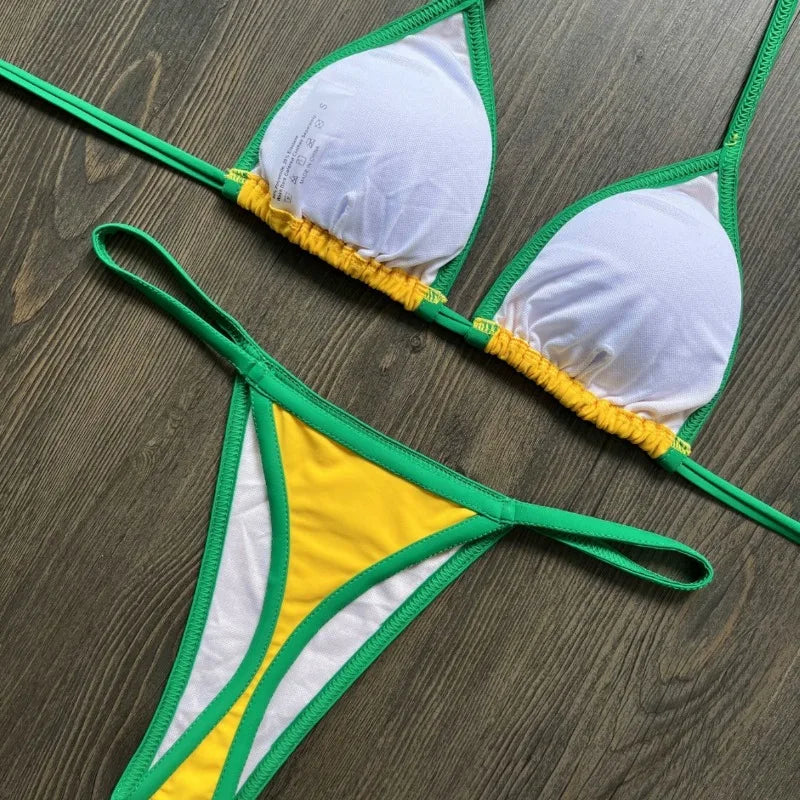 Sexy Embroidery Brasil Flag Contrast Split Bikinis Set Women Swimwear Patchwork Swimsuit Femenina Hottie Outfit Summer Beachwear