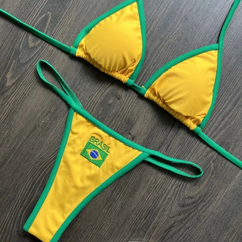 Sexy Embroidery Brasil Flag Contrast Split Bikinis Set Women Swimwear Patchwork Swimsuit Femenina Hottie Outfit Summer Beachwear