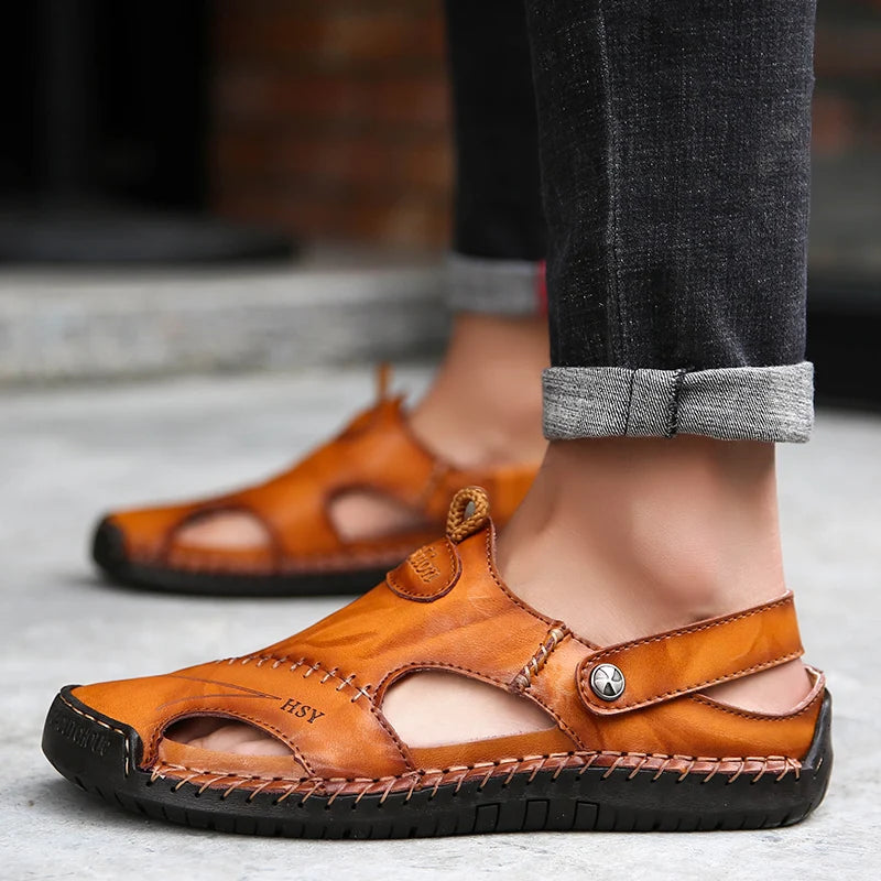 Sandals Man Summer 2026 Leather Slides Breathable Rome Male Outdoor Beach Platform Slippers Soft Hot Sale Men Flat Sandals