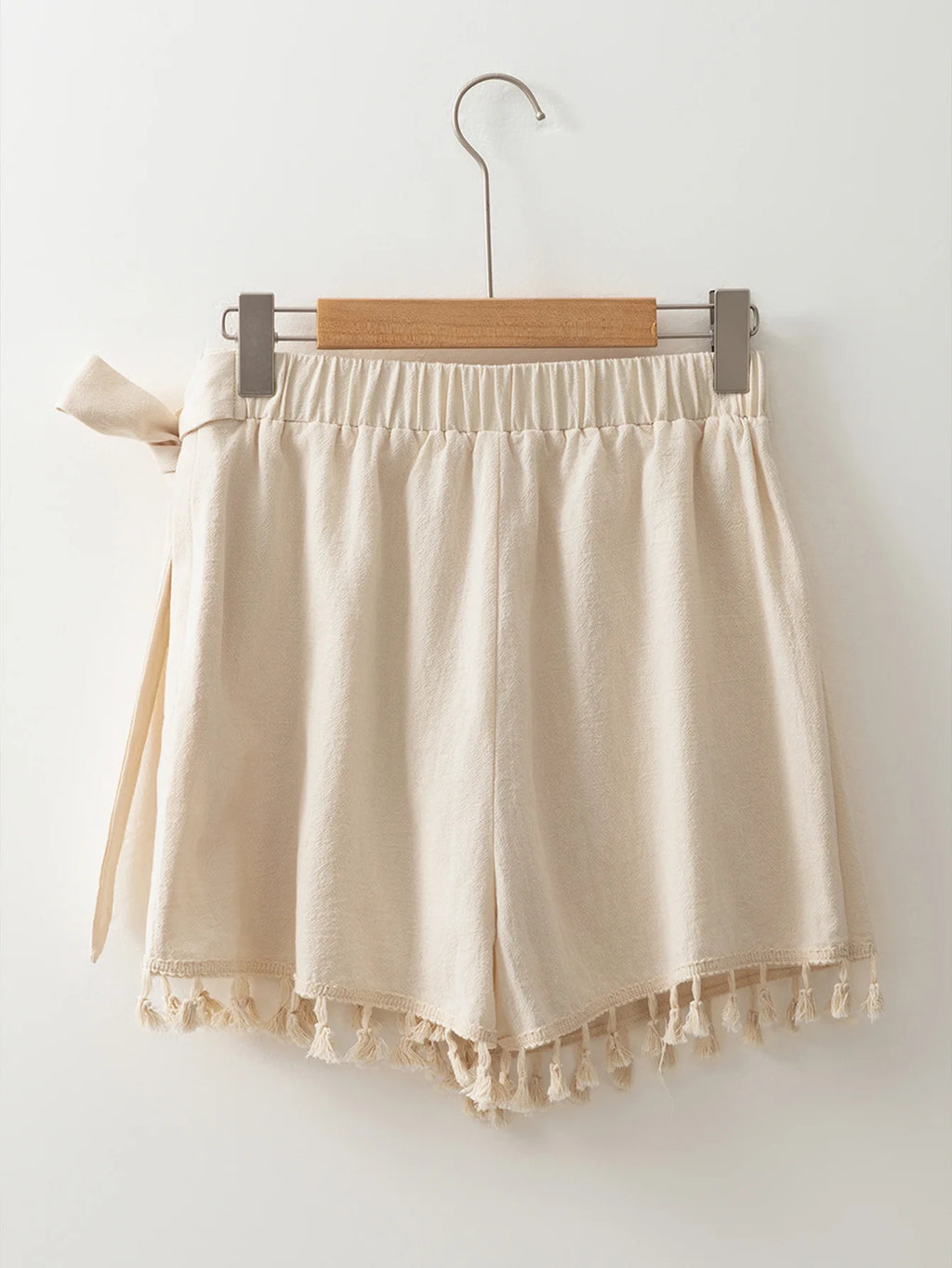 Beige Shorts with Knot and Tassel Women's Summer Staple Suitable for Beach Parties Weekend Gatherings Stylish Wear