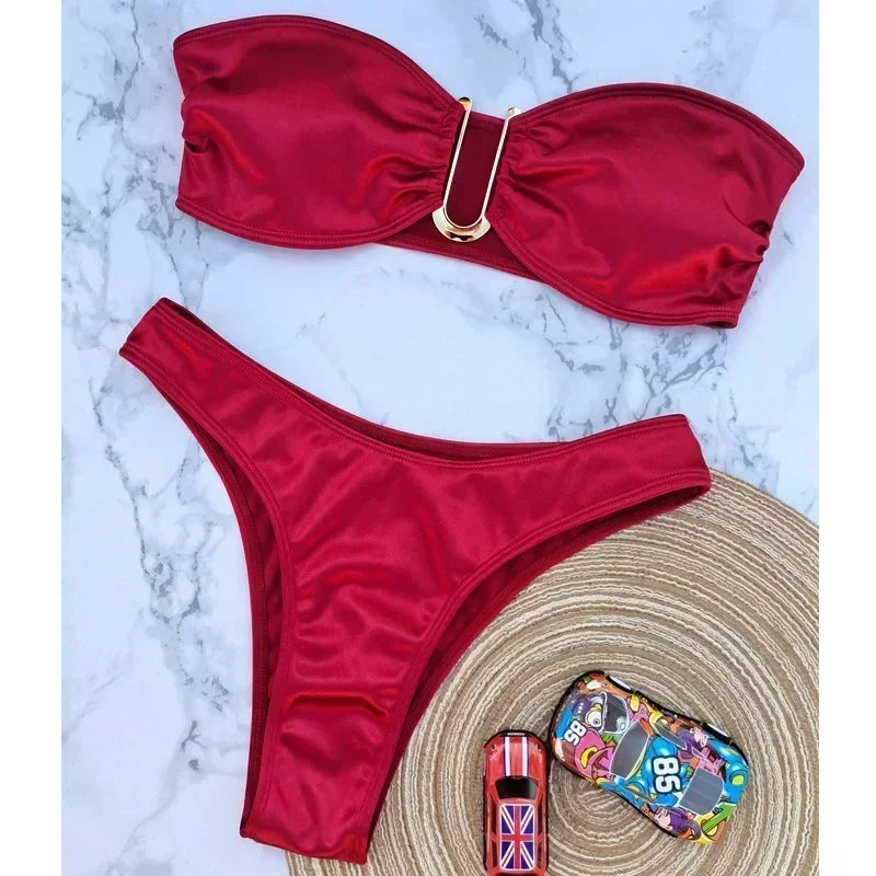 Sexy Women Bikini Brazilian Swimsuit Push-up Bra Bikini Set Two Piece Swim Suit Swimwear High-waisted Beachwear Solid Bathing