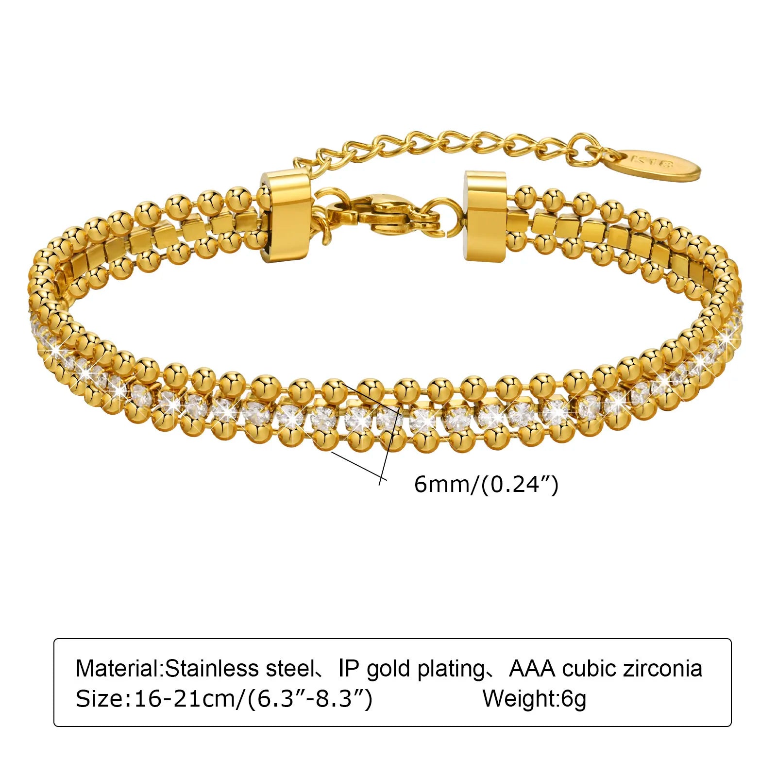 Tennis Bracelet for Women, Cubic Zirconia Chain Bracelet Adjustable,Stainless Steel Wave Bead Chain Three-layer Bracelet Jewelry