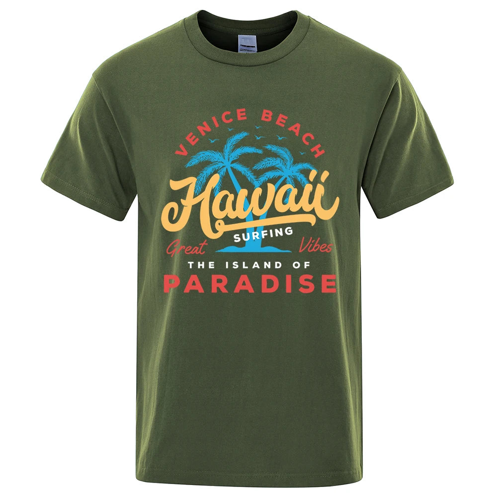 Hawaii Surfing Venice Beach The Island Of Paradise Print Men T-Shirt Fashion Clothes Cotton Summer Tops Mens Oversize Tee Shirts