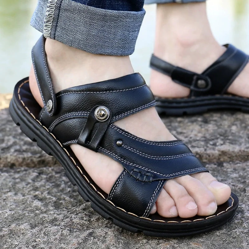Summer Men's Beach Sandals Fashion Comfortabl Breathable Lightweight Sandals Outdoor Men Genuine Leather Wear-resistant Slippers