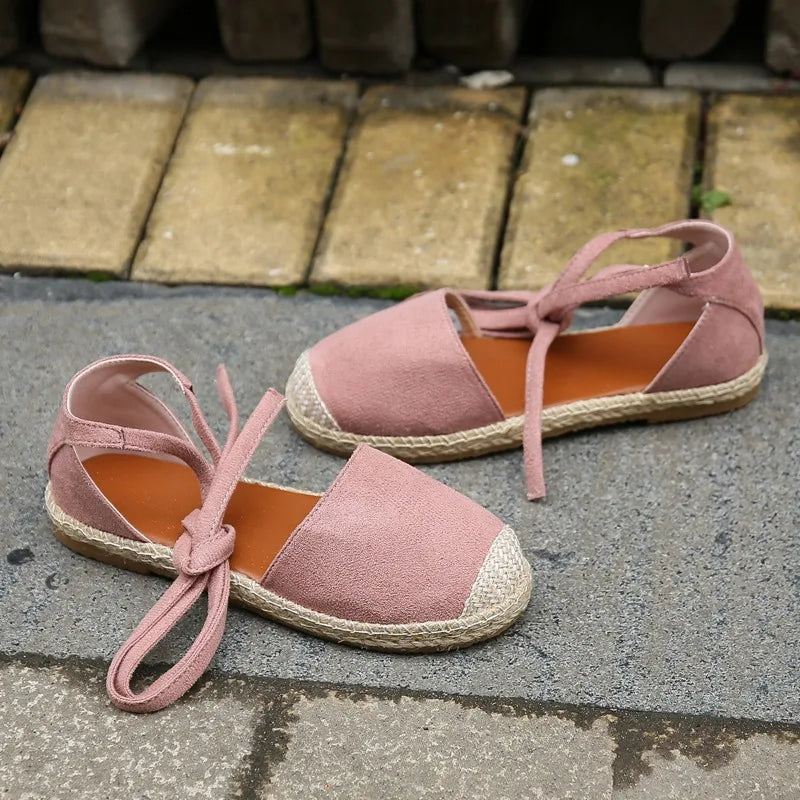 Designer Sandals for Women in Summer Fashion Round Toe Casual Flat Shoes Ankle Lace-up Rattan Woven Grass Roman Sandals