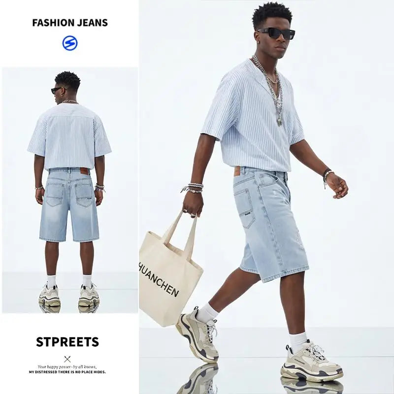Men's and women's blue ripped jeans trendy American loose straight leg non stretch casual shorts suitable for summer street wear