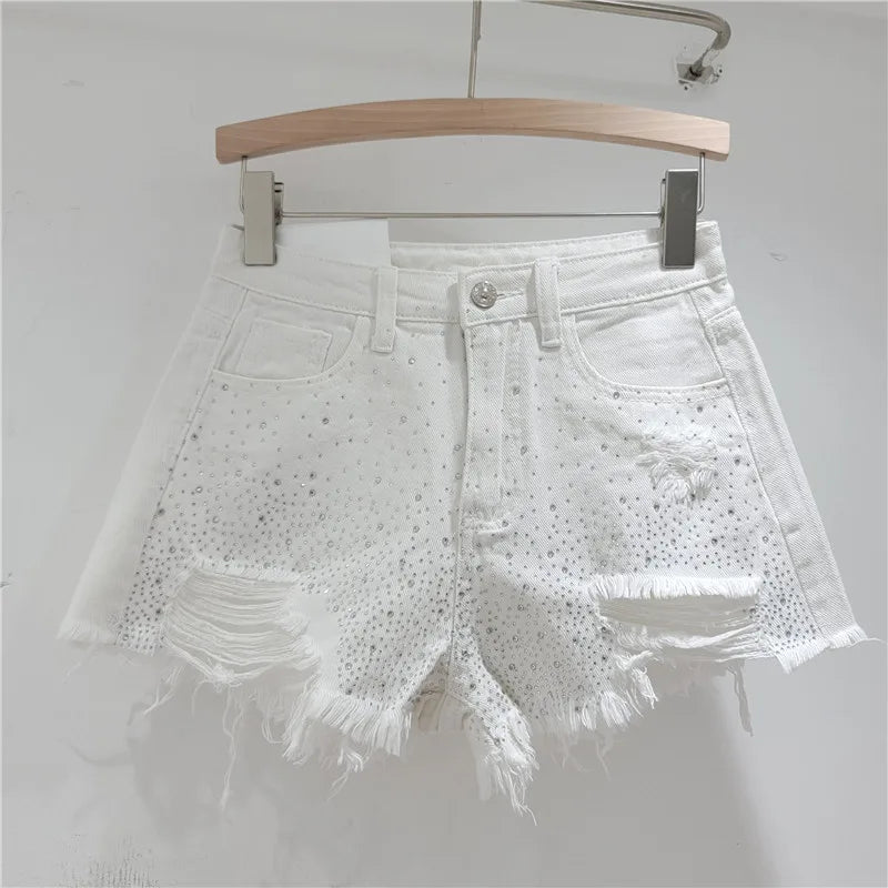 Shorts Denim Pant Women Jeans Short Pants Hot Drilling High Waist Straight Trousers Y2k Streetwear Splice Slim Fit Summer Party