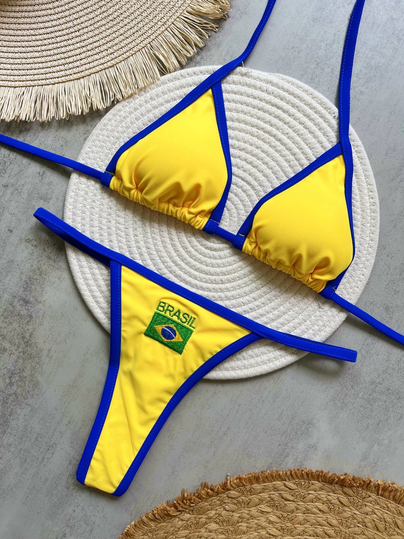 Sexy Embroidery Brasil Flag Contrast Split Bikinis Set Women Swimwear Patchwork Swimsuit Femenina Hottie Outfit Summer Beachwear