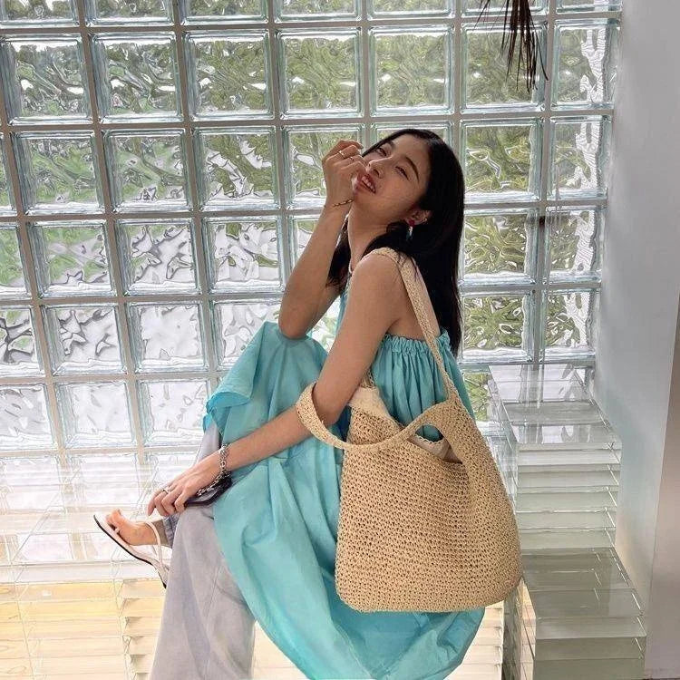 Large Capacity Straw Bag Shoulder Crossbody Basket Weave Canvas Beach Bag for Women Summer Vacation Casual Style Handbag