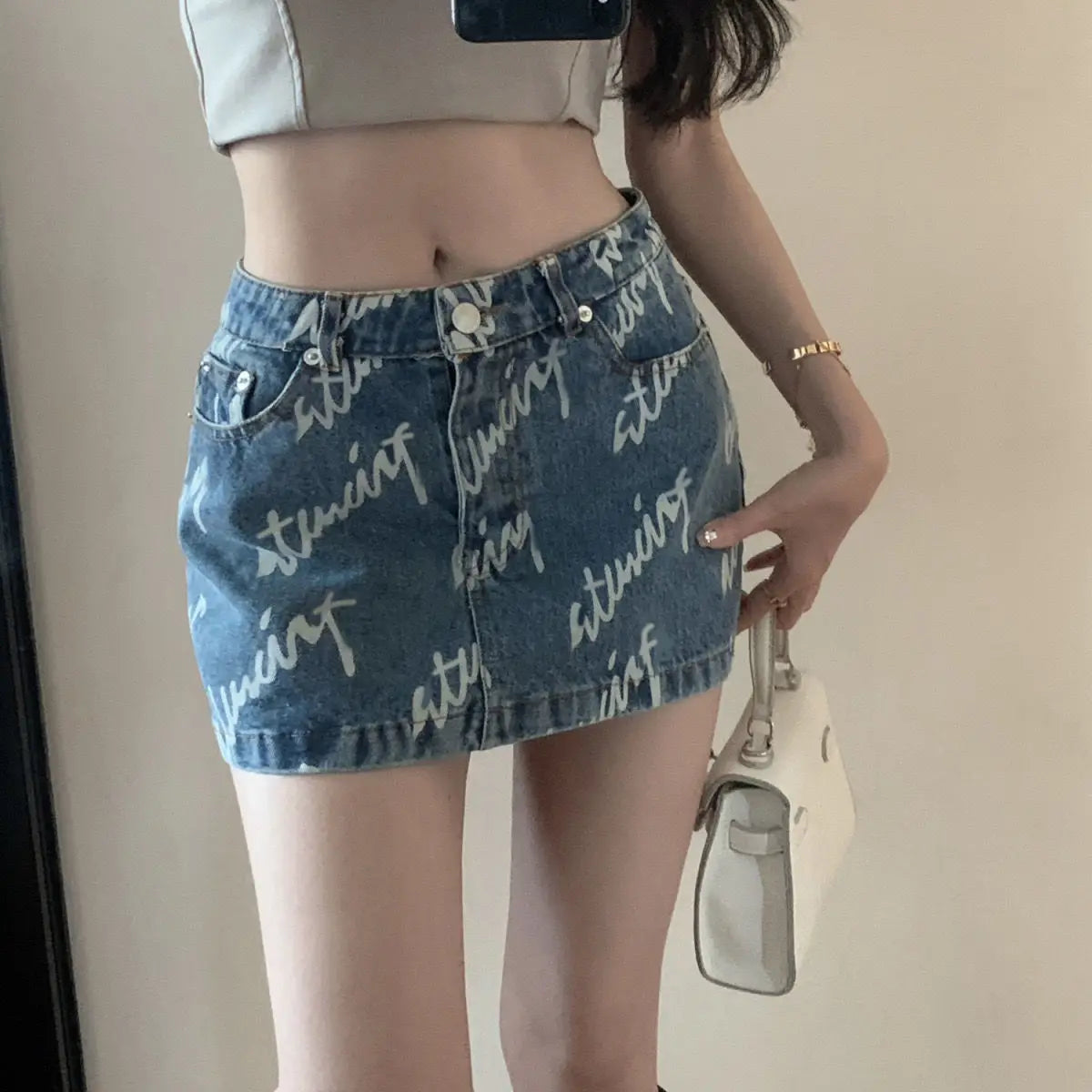 Jeans Skirts For Women Letter Short Woman Denim Skirt Sexy Gyaru High Waist Korean Fashion Y2k Vintage Chic And Elegant Stylish