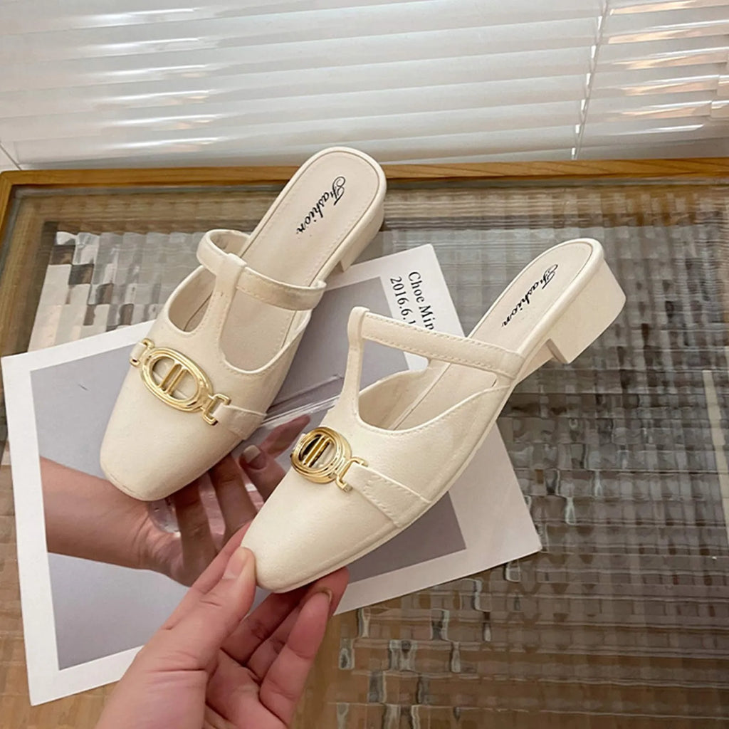 Fashion Summer Sandals Women Low Heel Retro Luxury Metal  Women's Shoes Wear-resistant Daily Walk Slippers