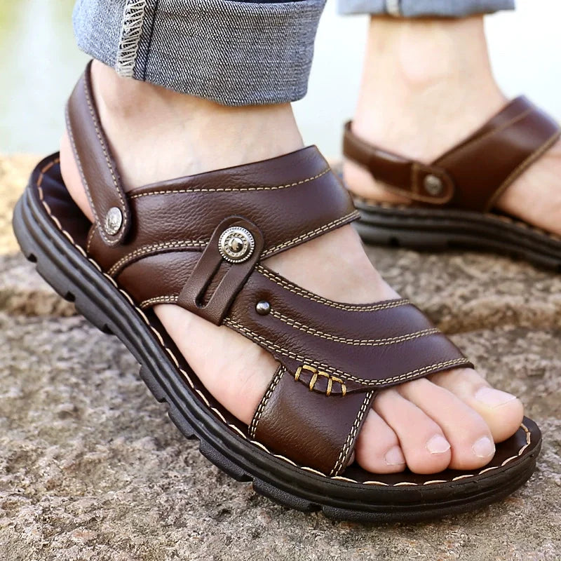 Summer Men's Beach Sandals Fashion Comfortabl Breathable Lightweight Sandals Outdoor Men Genuine Leather Wear-resistant Slippers