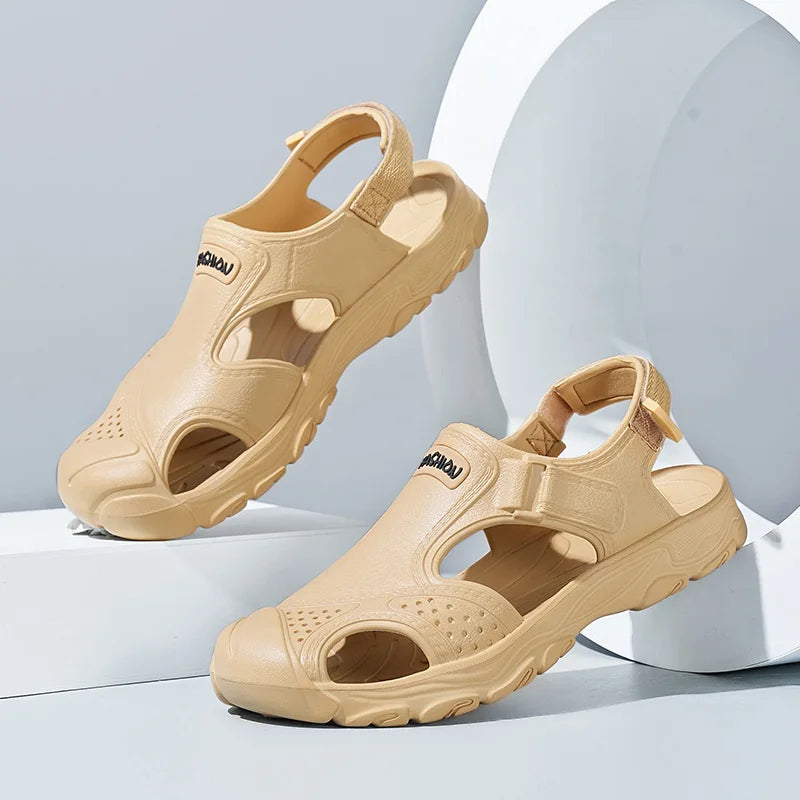 Sandals for Men, Summer Driving Beach Shoes, Breathable Hollow Home Shoes, Outdoor Hiking Sandals, Casual Versatile Closed-Toe Slippers