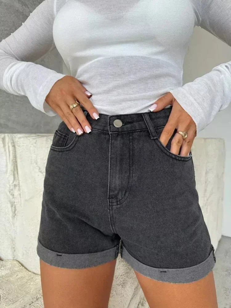 Wide-Leg Denim Shorts for Women Summer Solid Black Blue Jean Shorts Button Pocket High-Waisted Fashion Women's Short Jeans