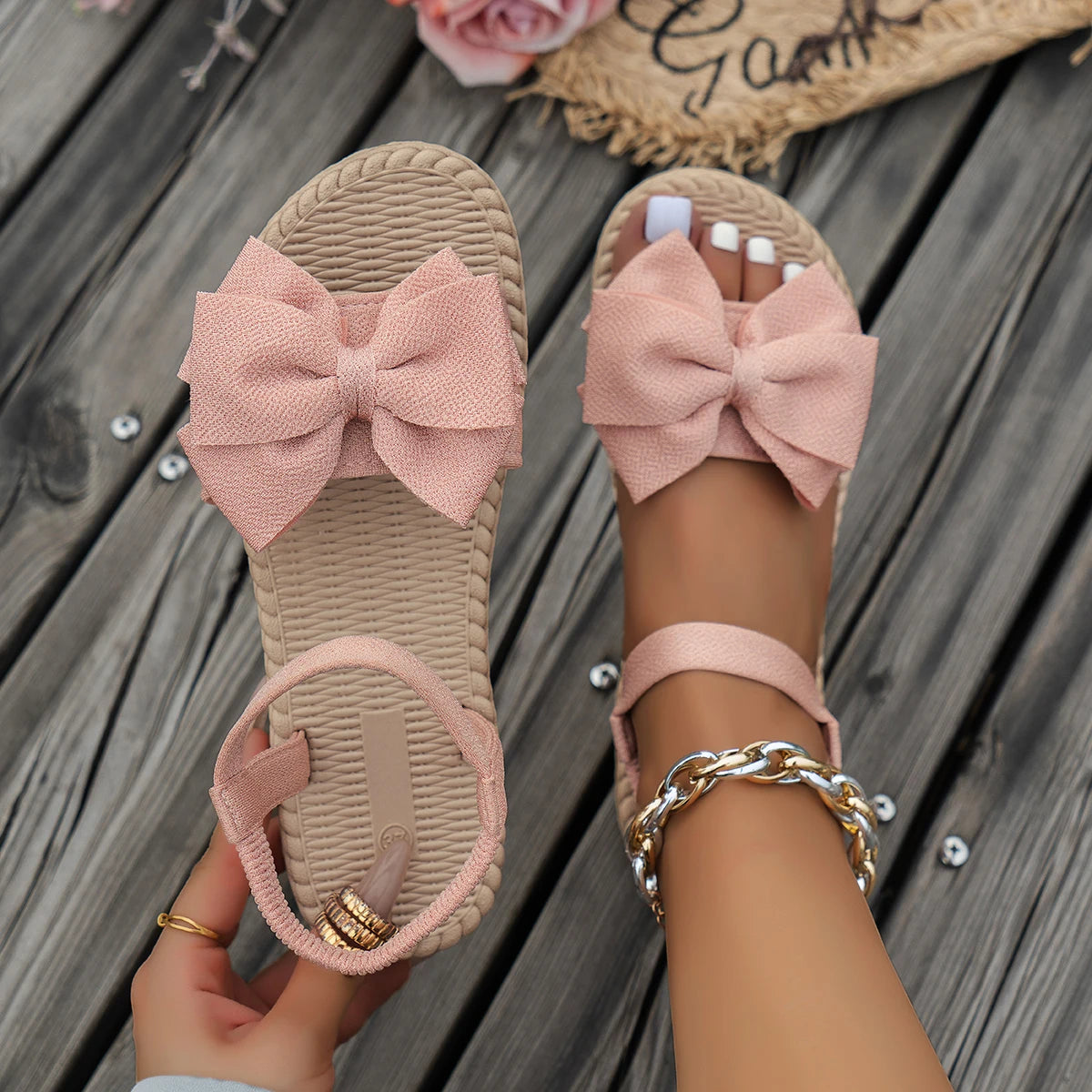 Women Sandals 2026 New Summer Lightweight Sandals Fashion Beach Casual Slippers Outdoor Bow Tie Flat Shoes Home Slides Women