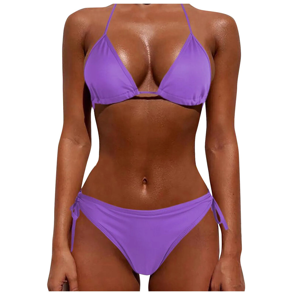 Sexy Women Bikini Brazilian Swimsuit Push-Up Bra Bikini Set Two Piece Swimwear Solid Color Lace Up Bathing Suit (No Padding)