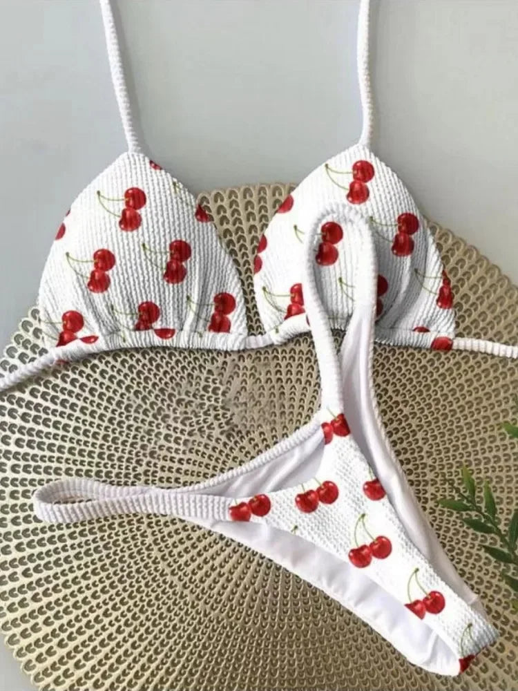 2026 brazilian bikini women suit, beach fashion, sexy thong swimsuit, cute cherry print