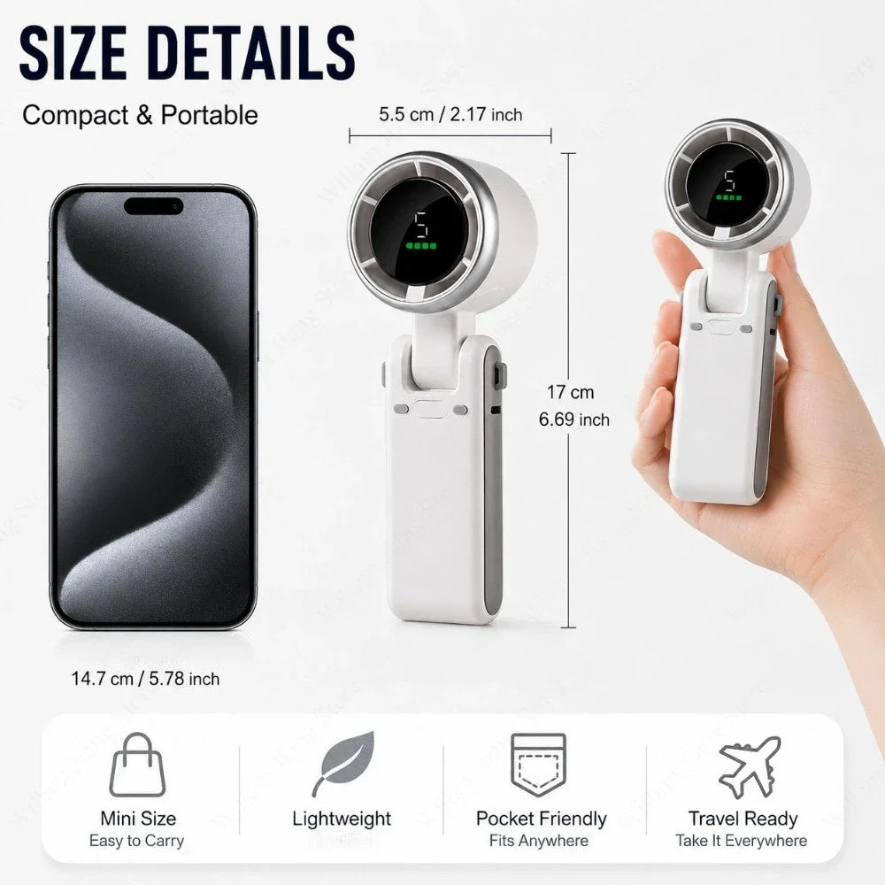 Mini Ventilador de Mano de Cinco Velocidades Ajustables Multifuncional, Recargable por USB Portátil para Viajes Hogar y Oficinas