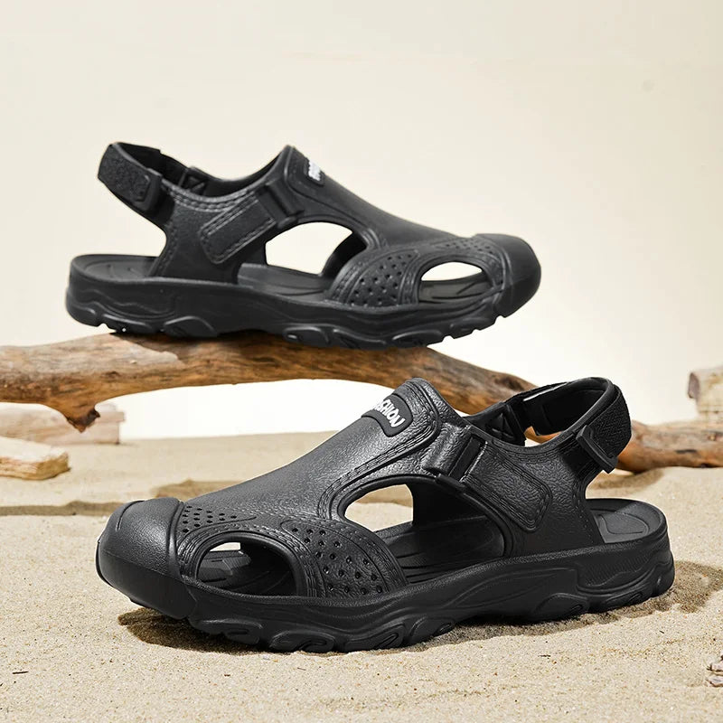 Sandals for Men, Summer Driving Beach Shoes, Breathable Hollow Home Shoes, Outdoor Hiking Sandals, Casual Versatile Closed-Toe Slippers