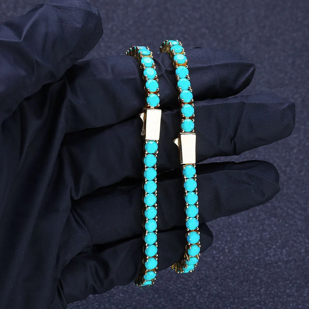 New 4MM Tennis Bracelet with Gold Plated Brass and High Grade Turquoise, Suitable for Both Men and Women as a Holiday Gift