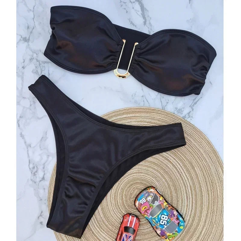 Sexy Women Bikini Brazilian Swimsuit Push-up Bra Bikini Set Two Piece Swim Suit Swimwear High-waisted Beachwear Solid Bathing