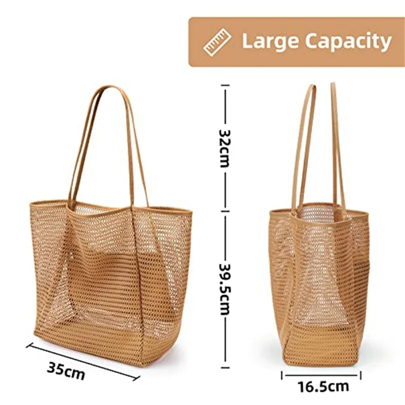 new model Women's Large Capacity Beach Tote Bag - Durable Polyester Woven Shoulder Bag with Open Top for Travel, Shopping