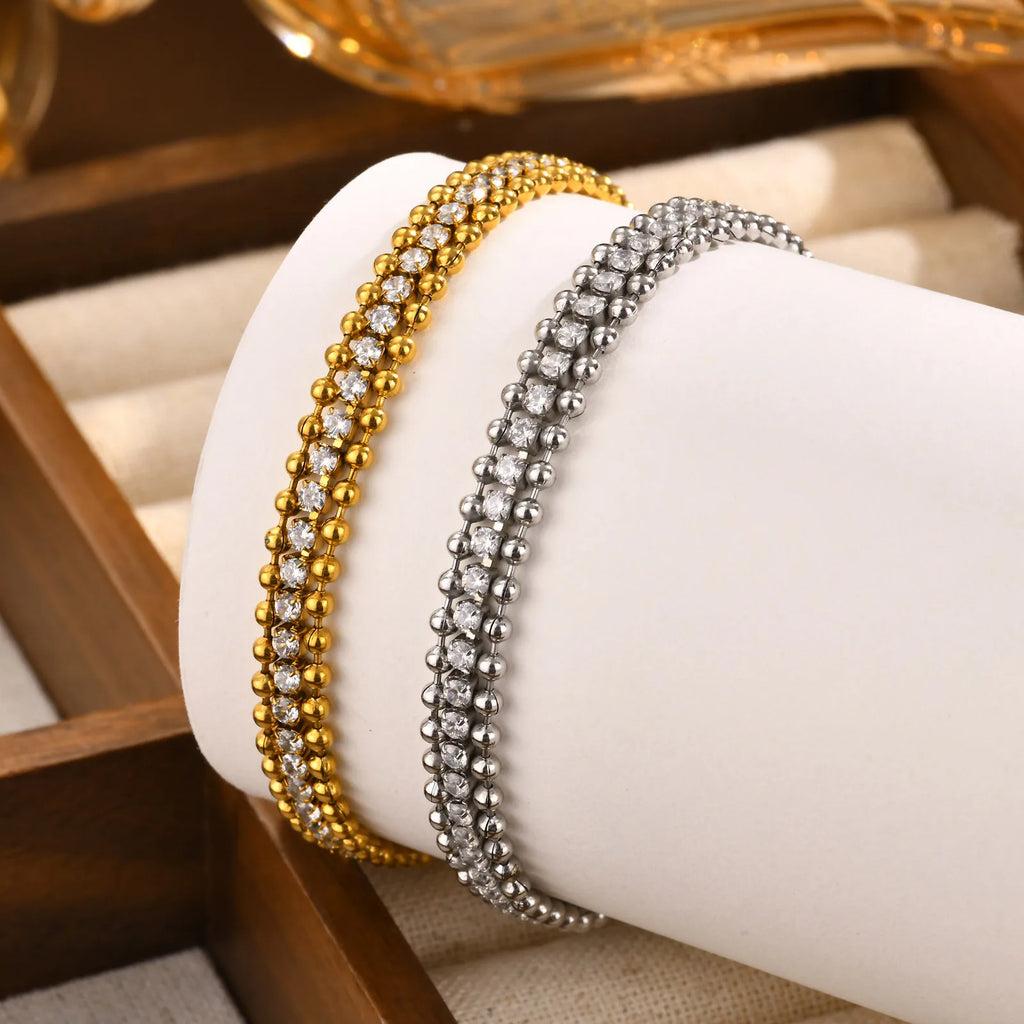 Tennis Bracelet for Women, Cubic Zirconia Chain Bracelet Adjustable,Stainless Steel Wave Bead Chain Three-layer Bracelet Jewelry