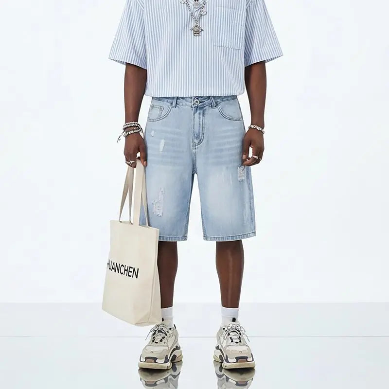 Men's and women's blue ripped jeans trendy American loose straight leg non stretch casual shorts suitable for summer street wear