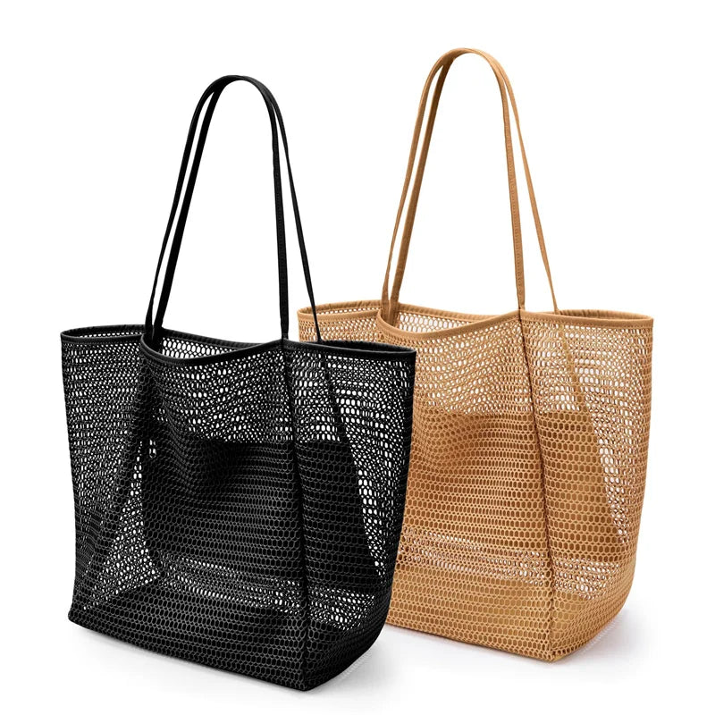 new model Women's Large Capacity Beach Tote Bag - Durable Polyester Woven Shoulder Bag with Open Top for Travel, Shopping