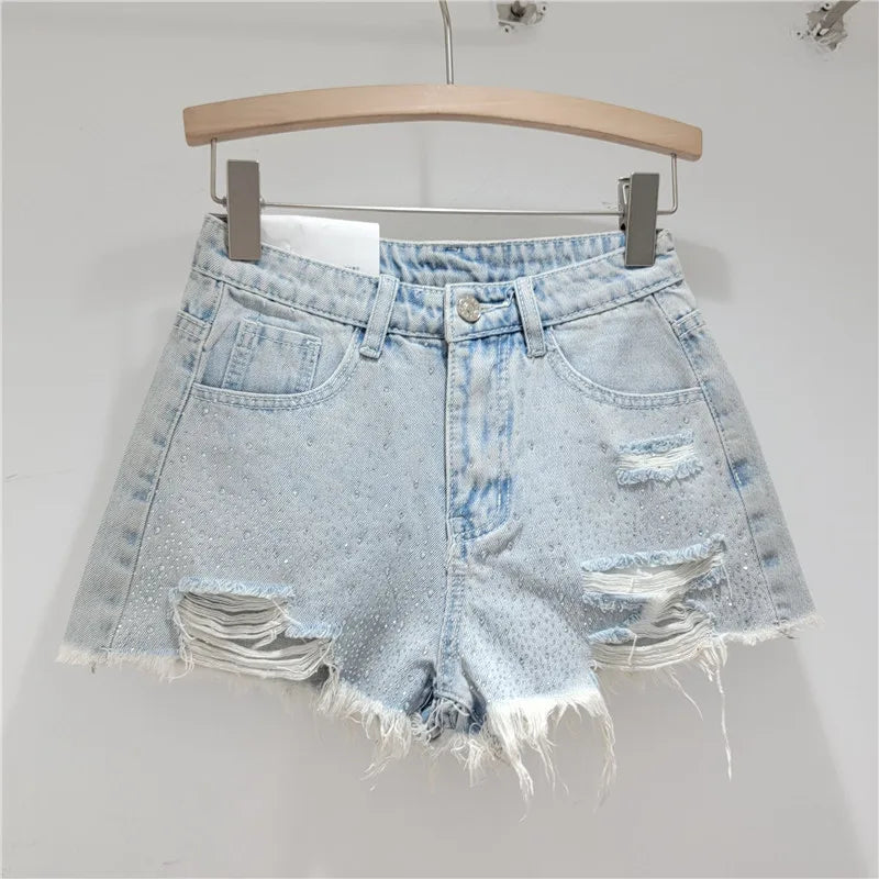 Shorts Denim Pant Women Jeans Short Pants Hot Drilling High Waist Straight Trousers Y2k Streetwear Splice Slim Fit Summer Party