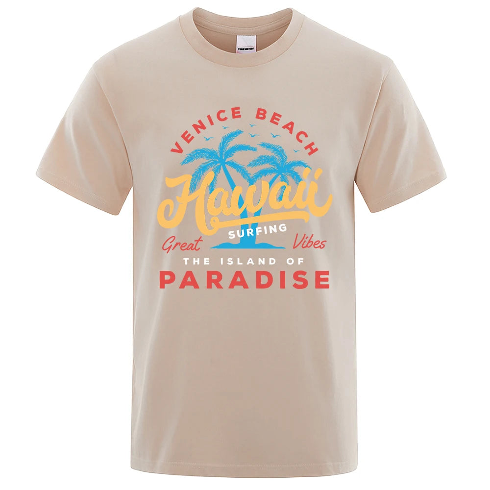 Hawaii Surfing Venice Beach The Island Of Paradise Print Men T-Shirt Fashion Clothes Cotton Summer Tops Mens Oversize Tee Shirts