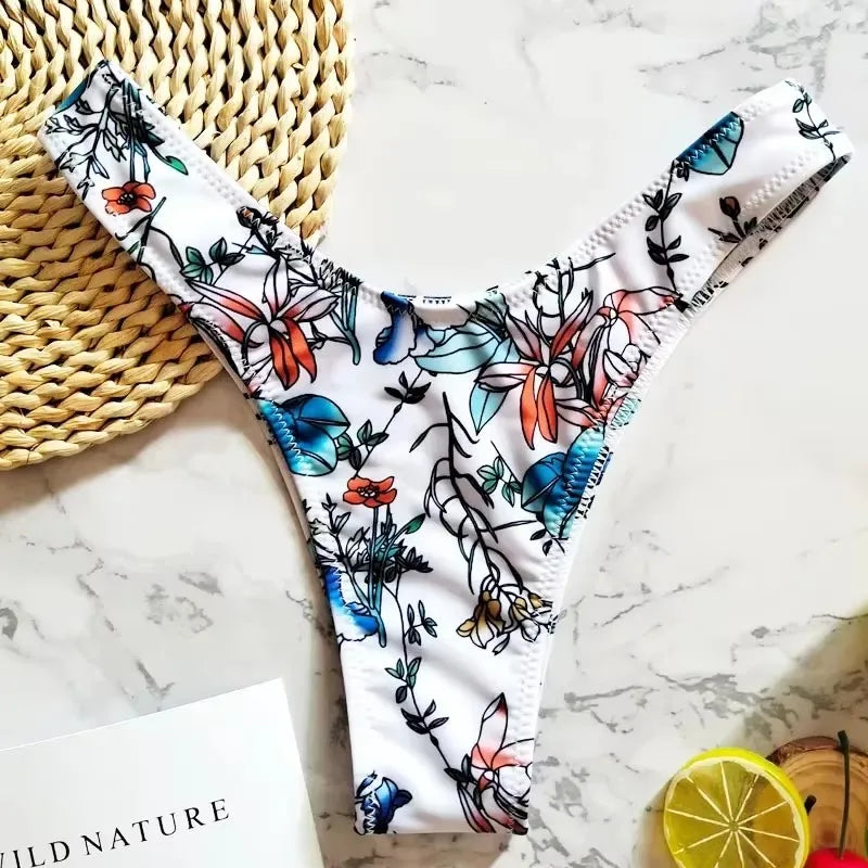 Sexy Floral Print Brazilian Bikini Bottom Women's Swimwear High Waisted New V Thong Swimsuit Bathing Suit Women Swimwear Women